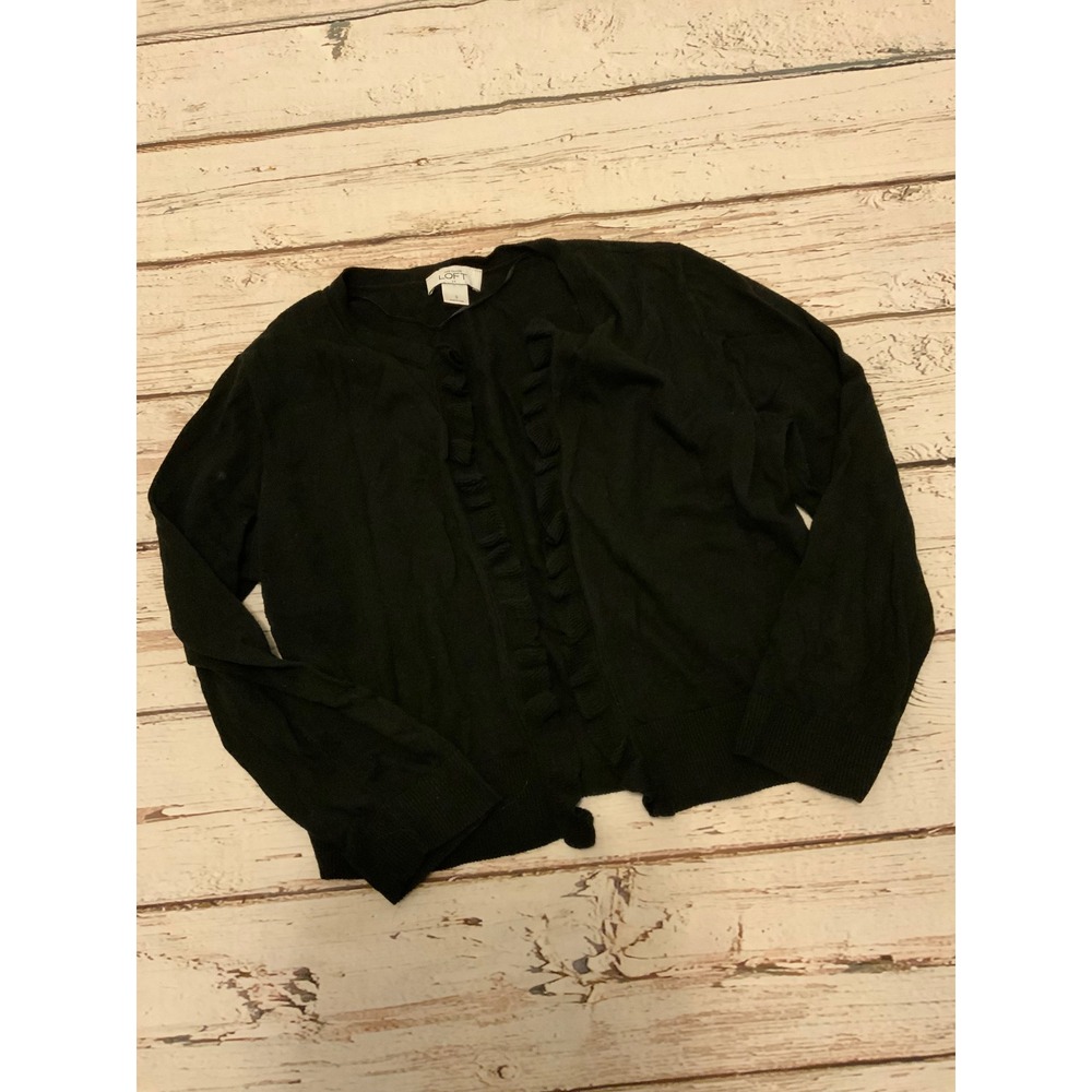 Ann Taylor LOFT Black Ruffle Trim Open Front Cotton Cardigan Sweater Small